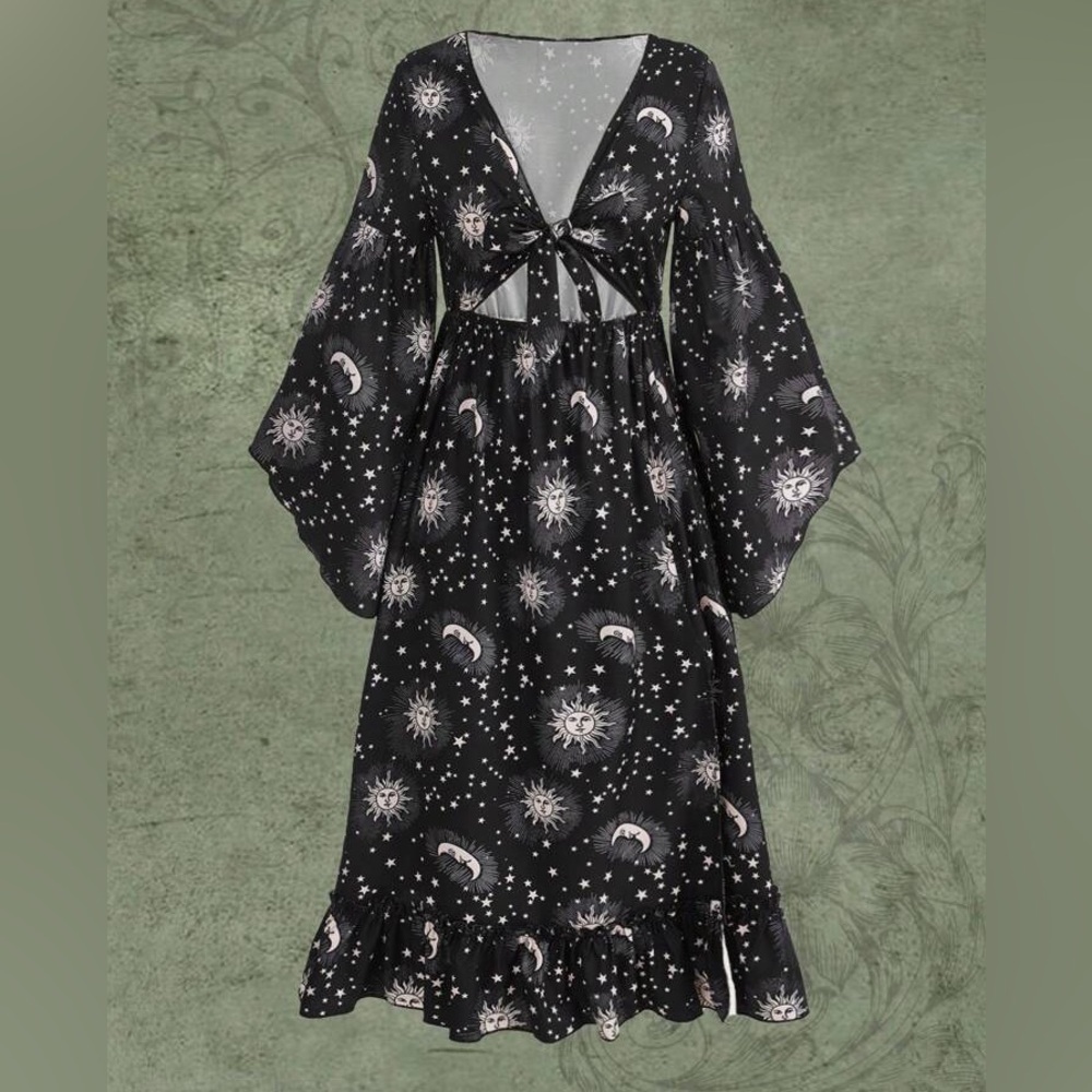 Romwe flutter Belle sleeve tie top cut out celestial sun and moon short dress L